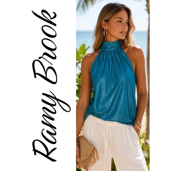 Ramy Brook Teal Faux Leather Halter High Neck Draped Vegan Leather Blouse Medium - Picture 1 of 14